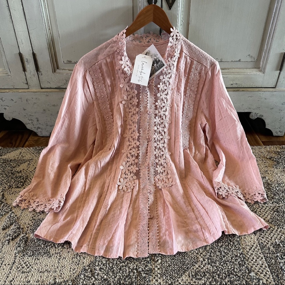 New Feminine Pink Lace Button Front Blouse Top Feminine 3/4 Sleeve Shirt Western - Picture 3 of 9